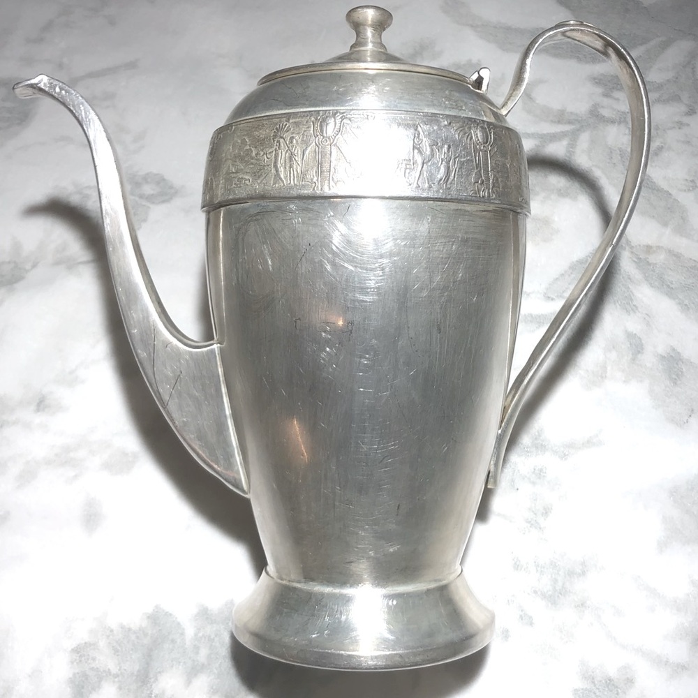 1923 Farber Bros Silvercraft Egyptian Revival Quad Plate Coffee Pot, Art Deco